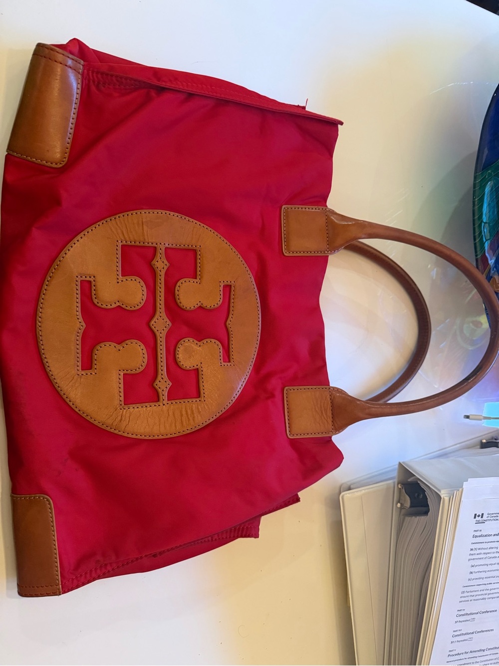 Tory Burch Red Nylon Tote with Brown Leather Trim and Logo